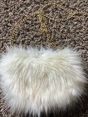 Faux Fur Cream Crossbody Bag with Gold Chain